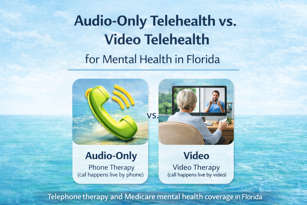 Does Medicare cover telephone therapy? Infographic showing audio-only telephone therapy compared with video telehealth for mental health services.