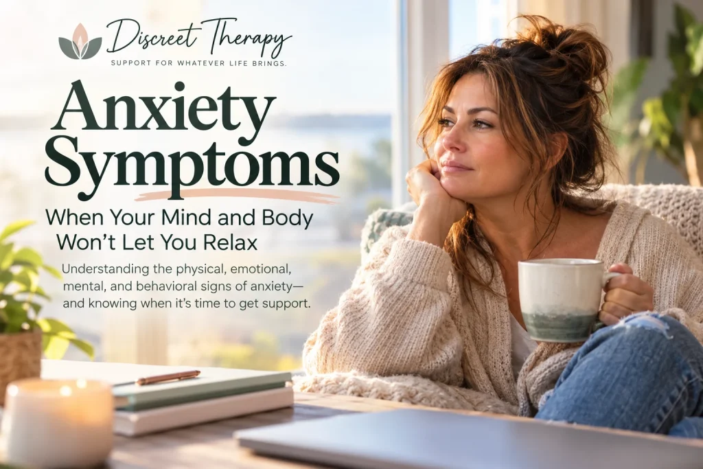 Discreet Therapy Anxiety Symptoms blog image featuring a woman holding a mug by a sunlit window, with the title Anxiety Symptoms