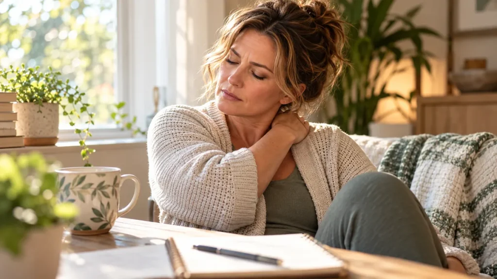 Woman sitting on a sofa rubbing her tense neck, illustrating physical symptoms of anxiety.